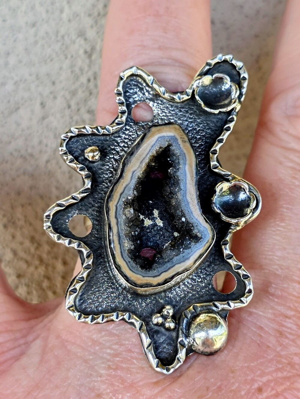 Agate Geode Slice Gemstone Ring In 925 Sterling Silver (Adjustable)
